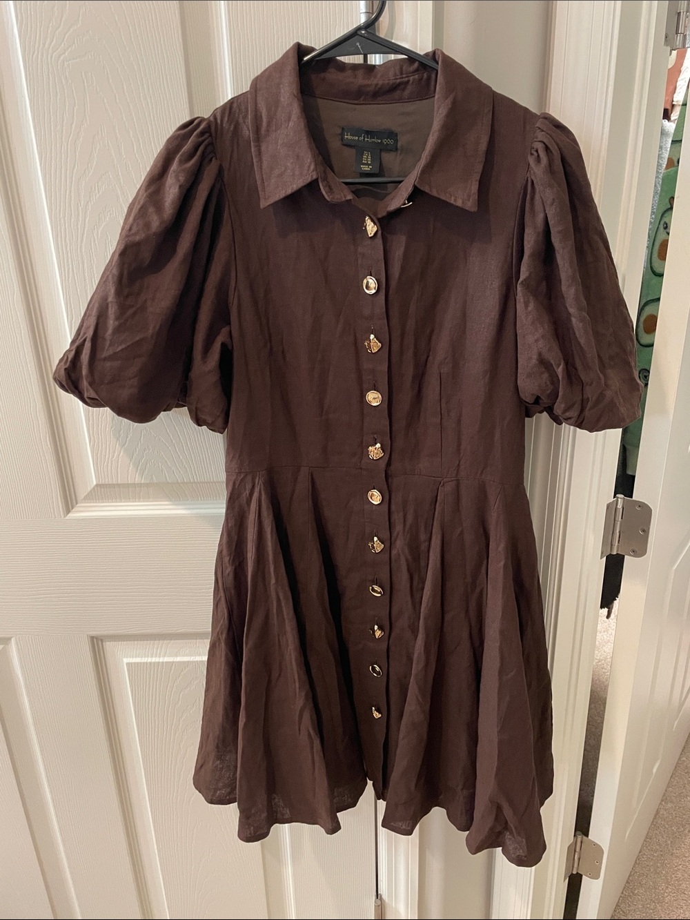 House of Harlow 1960 Dark Brown gold Button-Front dress linen blend lined